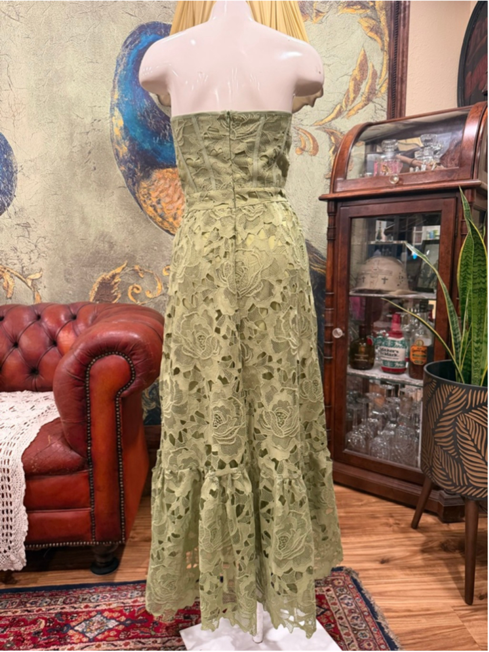 Glam Sage Green Lace Corset Maxi Dress Strapless Cutout Crochet Floral XL Summer - Picture 5 of 11